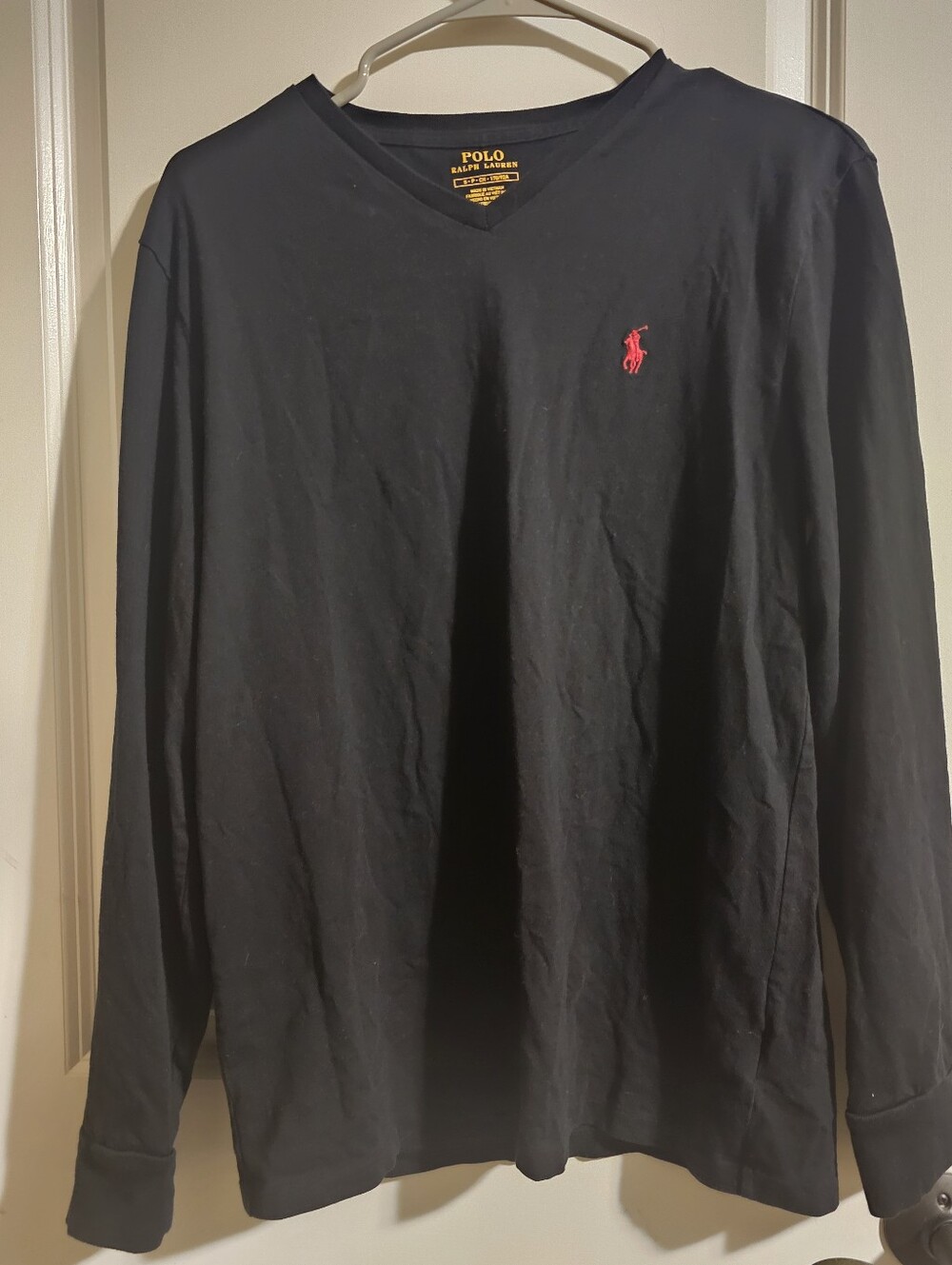 Polo by Ralph Lauren Mens Black Long Sleeve V‑Neck Shirt with Red Pony